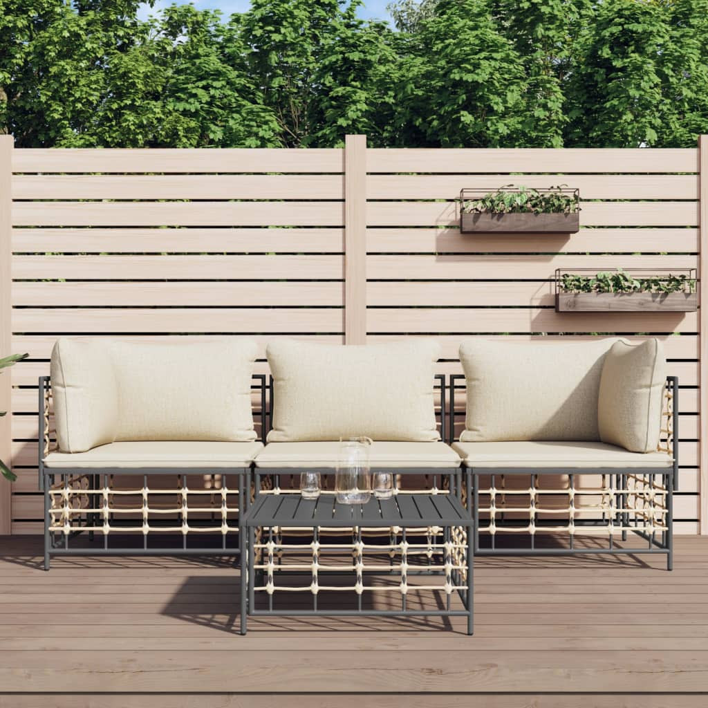 vidaXL 4-tlg. Garten-Lounge-Set mit Kissen Anthrazit Poly Rattan