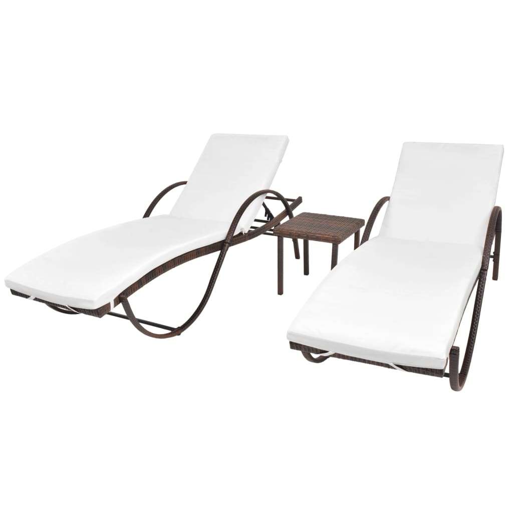vidaXL Sonnenliegen 2 Stk. mit Tisch Poly Rattan Braun