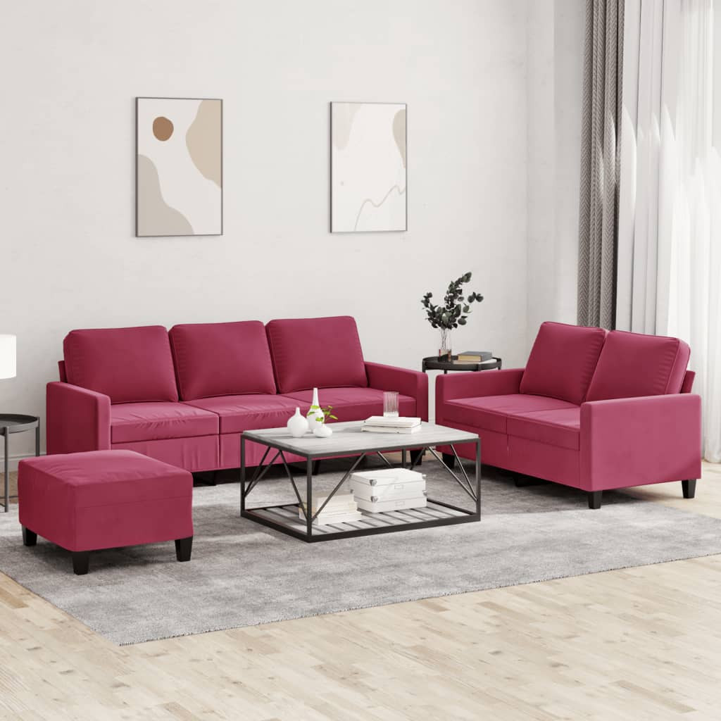 vidaXL 3-tlg. Sofagarnitur mit Kissen Weinrot Samt