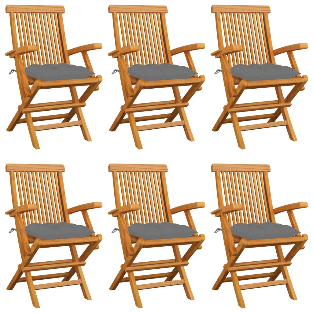 vidaXL Gartenstühle mit Grauen Kissen 6 Stk. Massivholz Teak