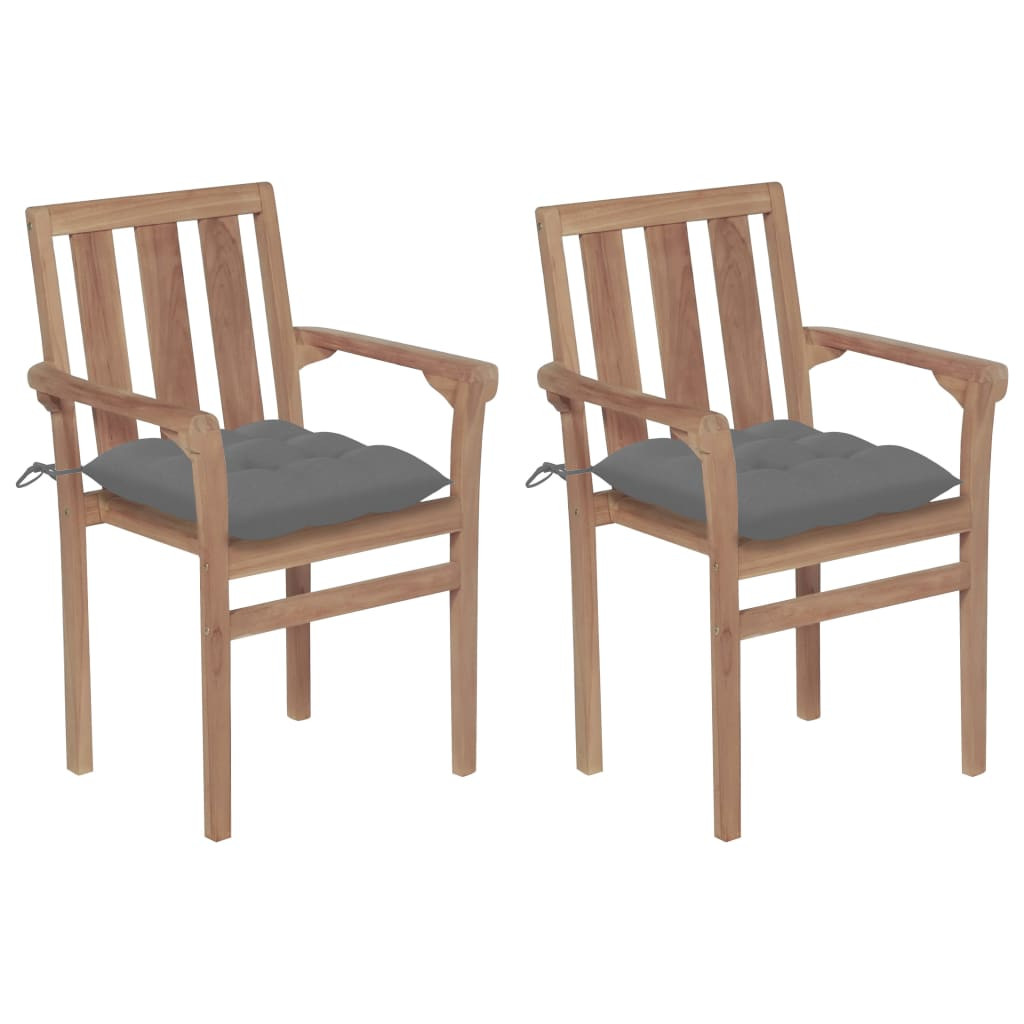 vidaXL Gartenstühle 2 Stk. mit Grauen Kissen Massivholz Teak