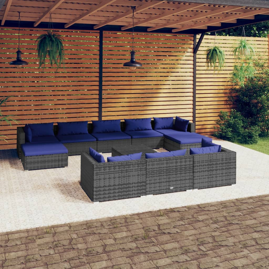 vidaXL 11-tlg. Garten-Lounge-Set mit Kissen Grau Poly Rattan