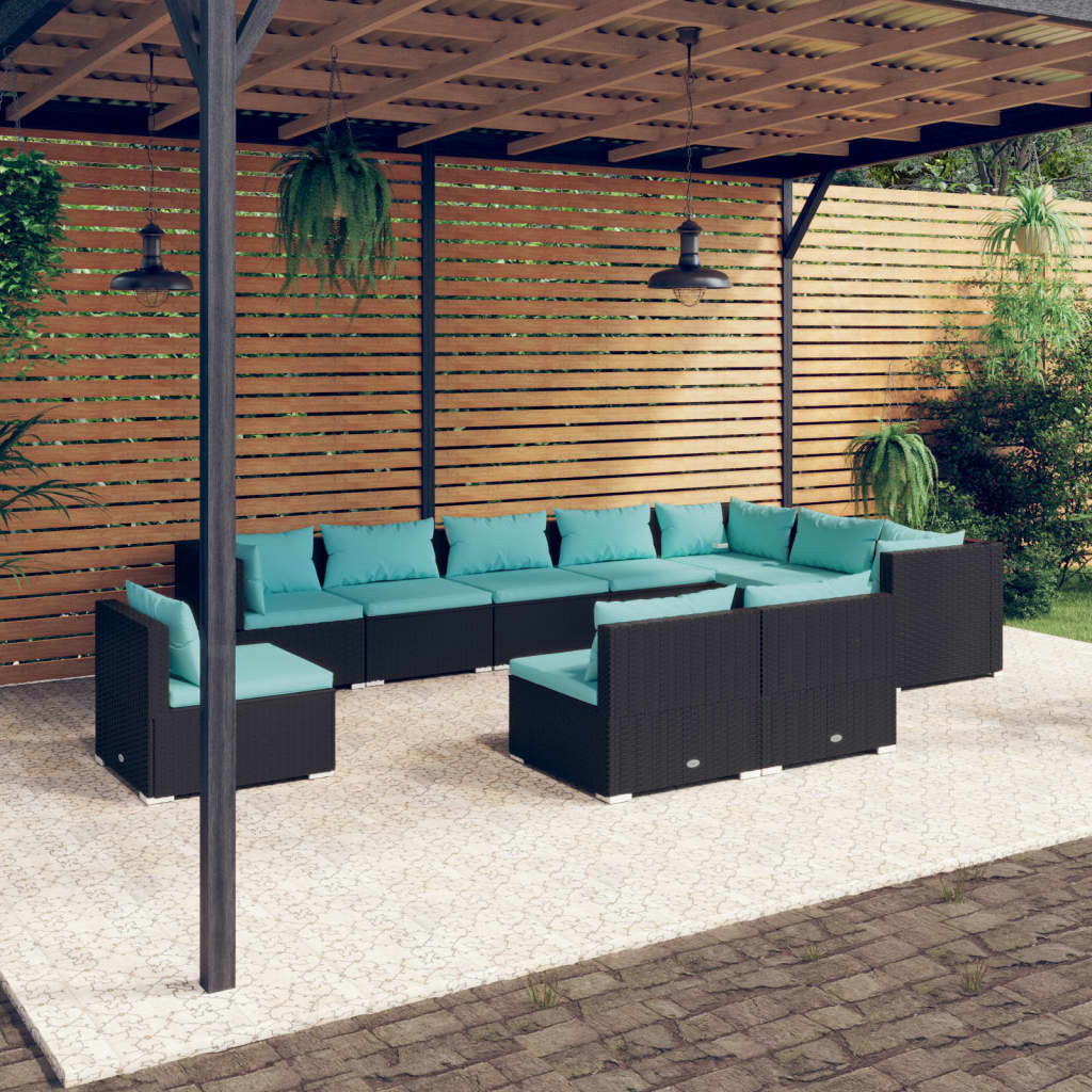vidaXL 10-tlg. Garten-Lounge-Set mit Kissen Poly Rattan Schwarz