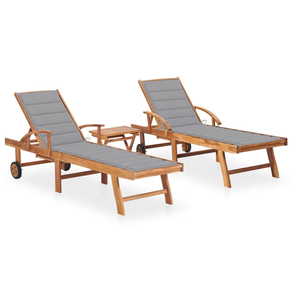 vidaXL Sonnenliegen 2 Stk. mit Tisch und Auflagen Massivholz Teak