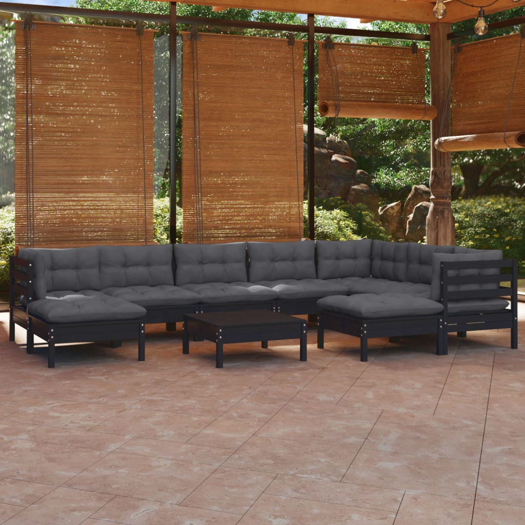 vidaXL 10-tlg. Garten-Lounge-Set mit Kissen Schwarz Kiefer Massivholz