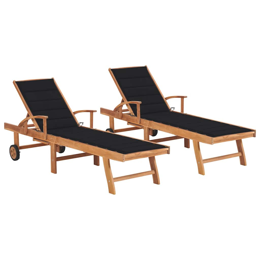 vidaXL Sonnenliegen 2 Stk. mit Auflagen Schwarz Massivholz Teak