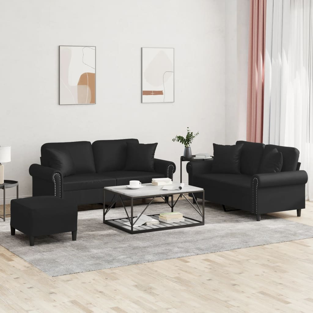 vidaXL 3-tlg. Sofagarnitur mit Kissen Schwarz Kunstleder