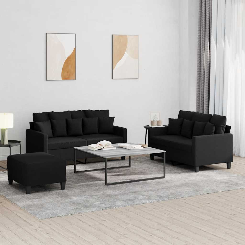 vidaXL 3-tlg. Sofagarnitur mit Kissen Schwarz Stoff