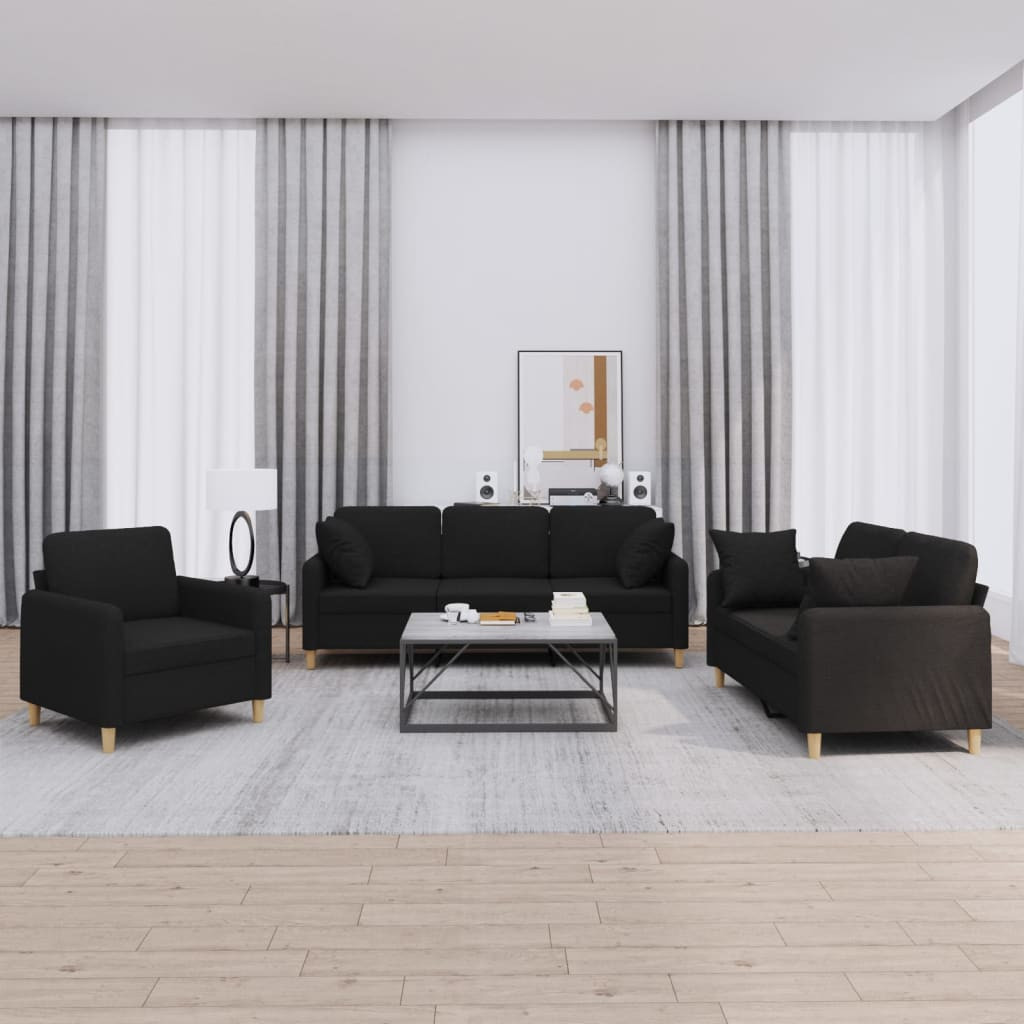 vidaXL 3-tlg. Sofagarnitur mit Kissen Schwarz Stoff