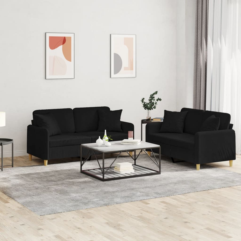 vidaXL 2-tlg. Sofagarnitur mit Kissen Schwarz Stoff