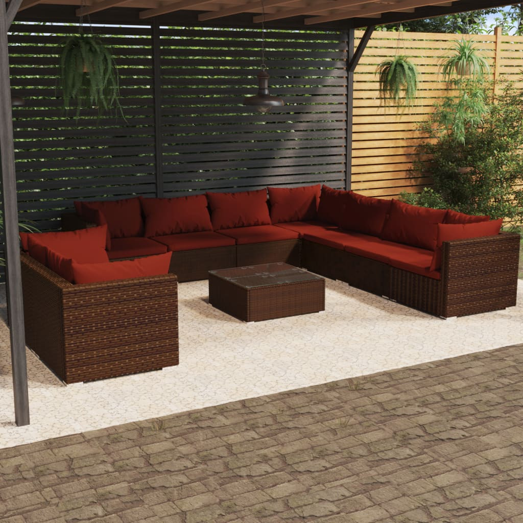 vidaXL 10-tlg. Garten-Lounge-Set mit Kissen Braun Poly Rattan