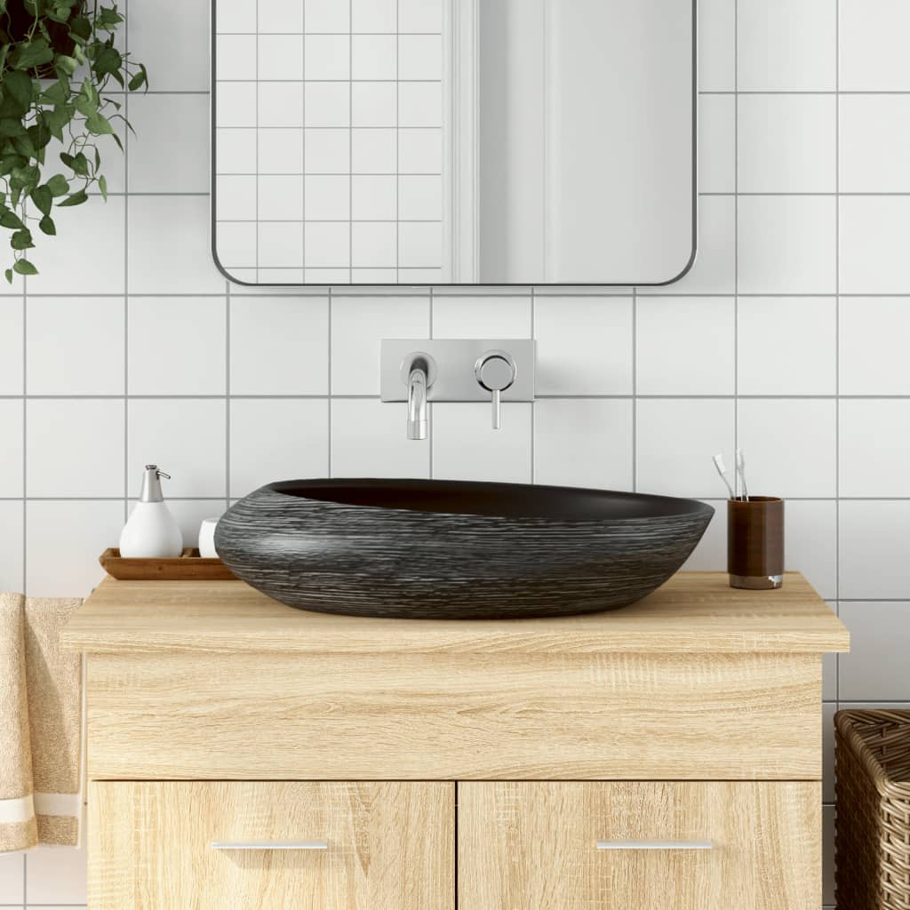 vidaXL Aufsatzwaschbecken Grau und Schwarz Oval 59x40x14 cm Keramik