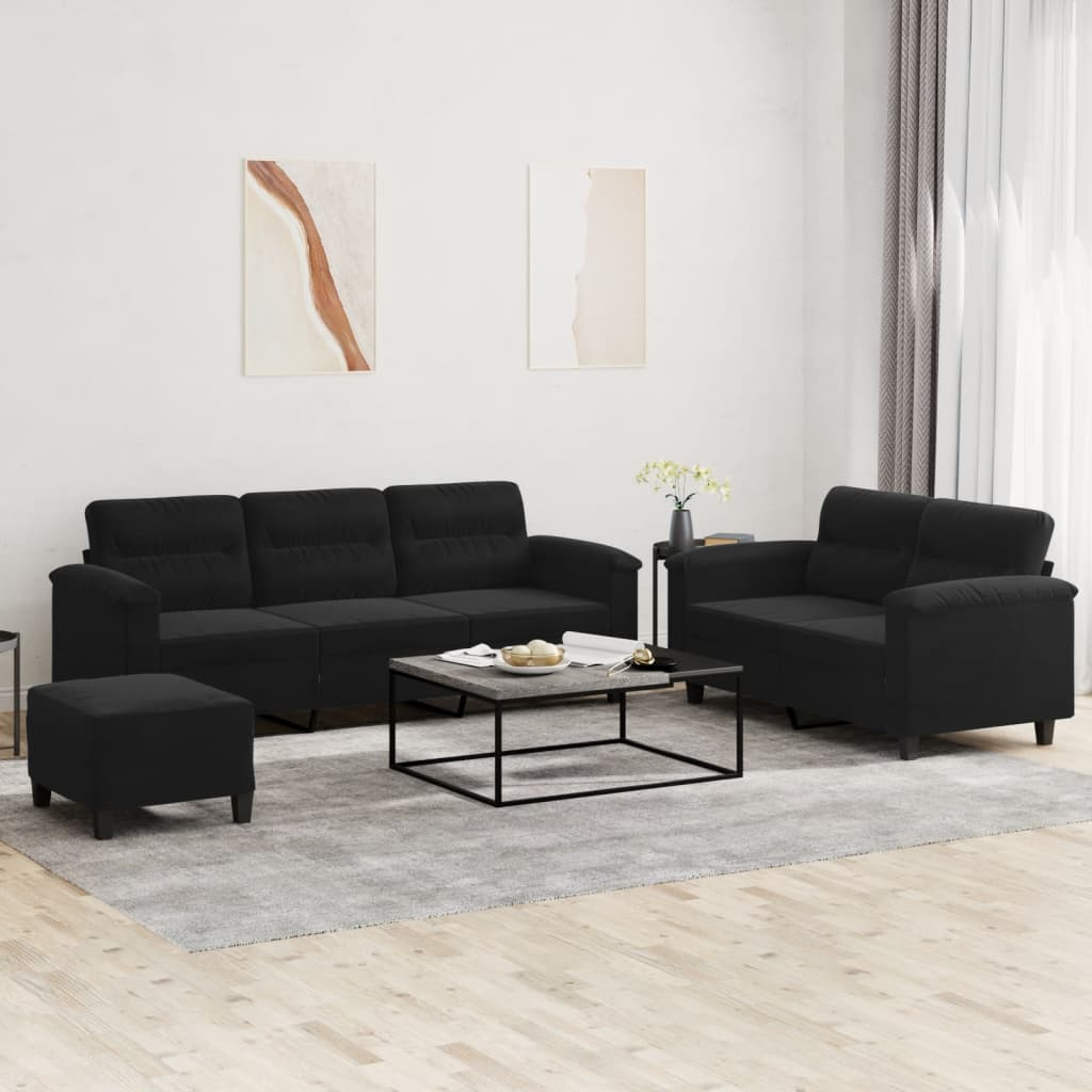 vidaXL 3-tlg. Sofagarnitur mit Kissen Schwarz Mikrofasergewebe