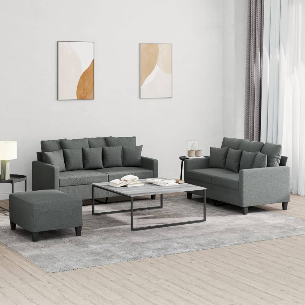 vidaXL 3-tlg. Sofagarnitur mit Kissen Dunkelgrau Stoff