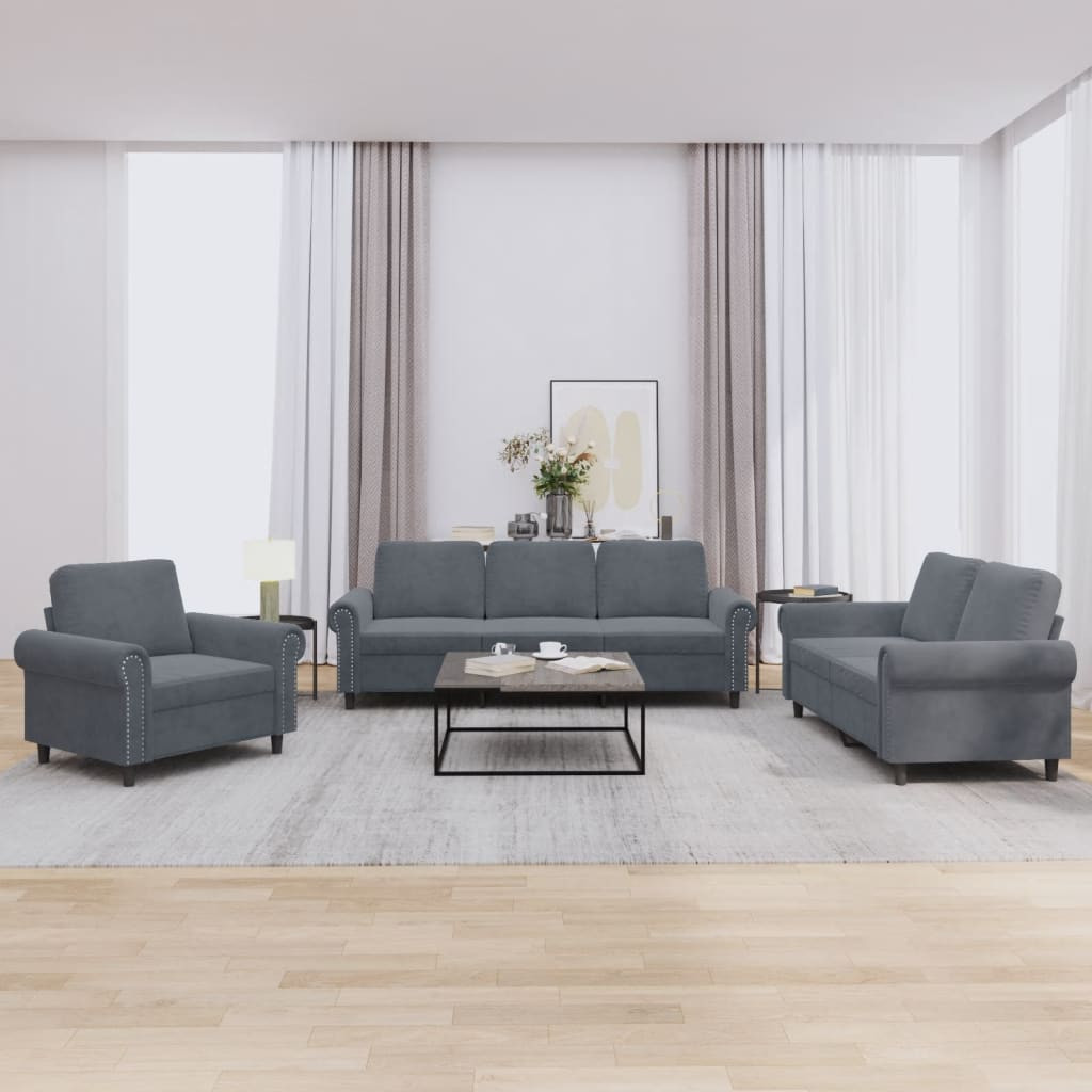 vidaXL 3-tlg. Sofagarnitur mit Kissen Dunkelgrau Samt