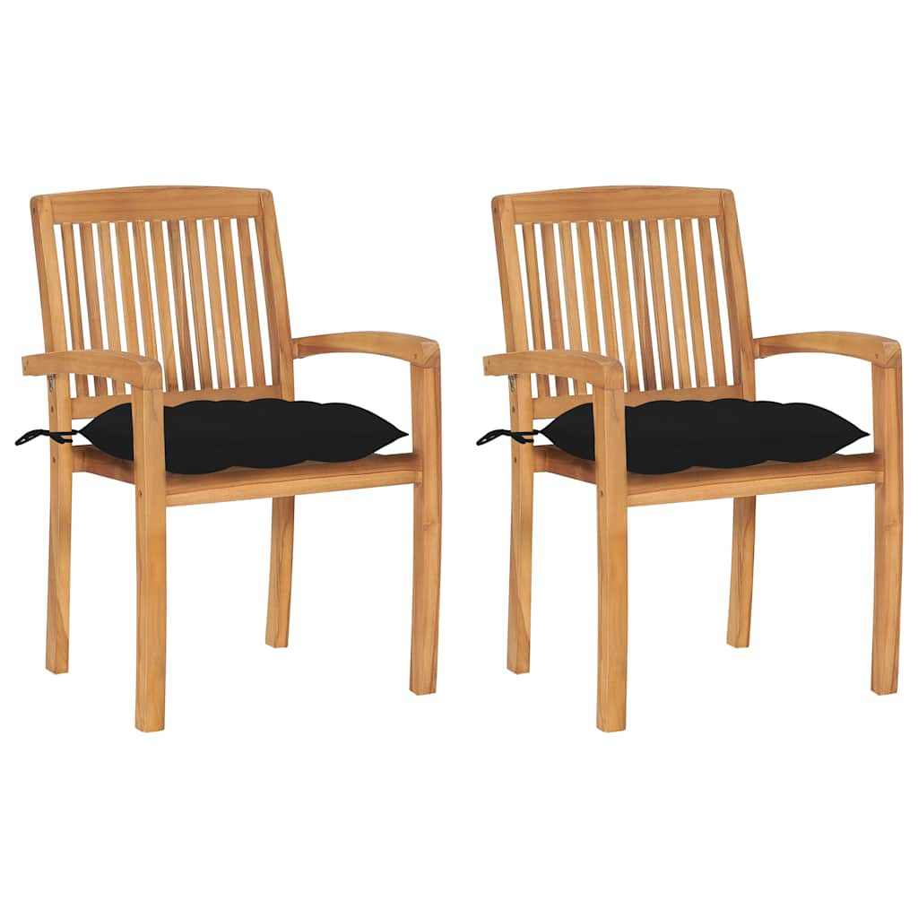 vidaXL Gartenstühle 2 Stk. mit Schwarzen Kissen Massivholz Teak