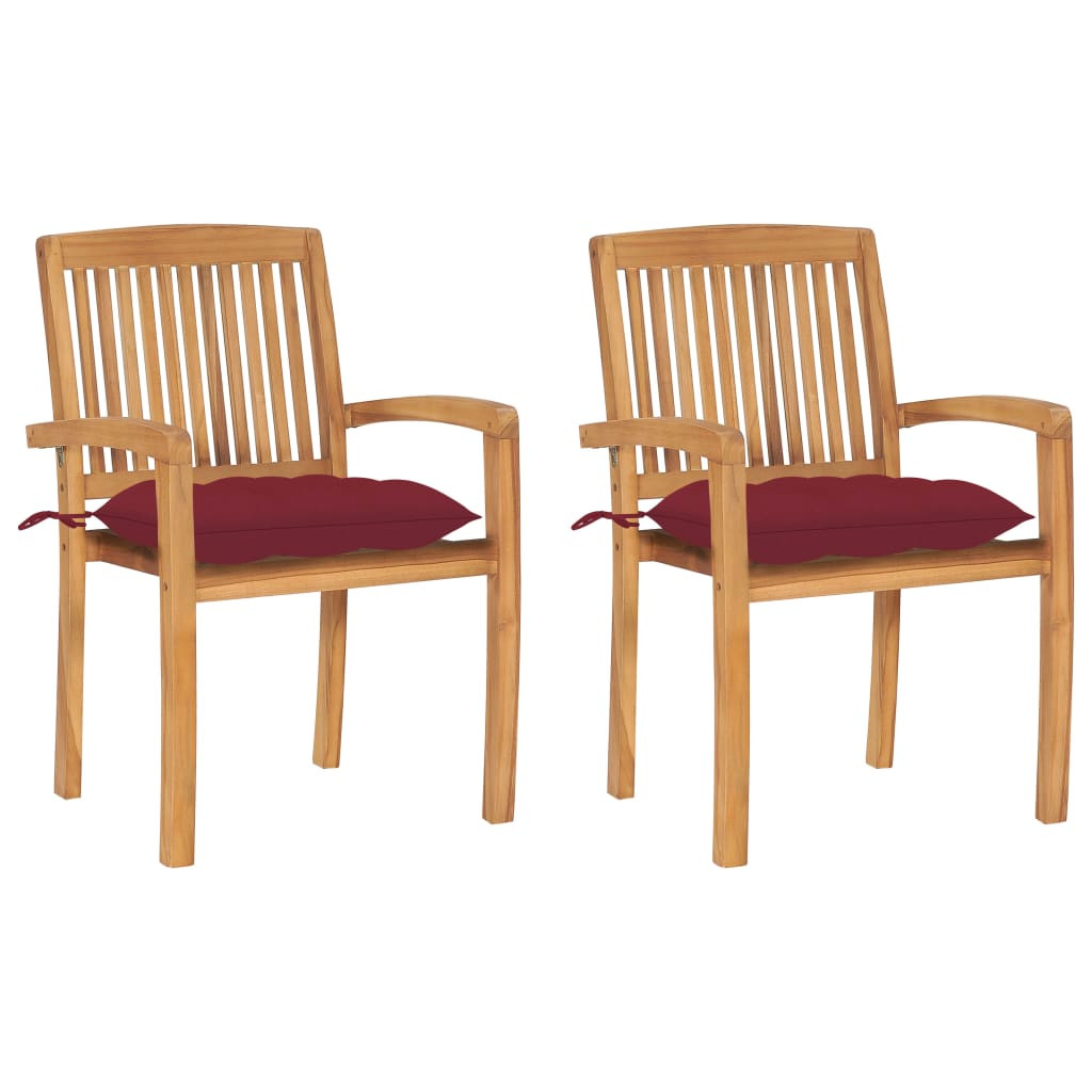 vidaXL Gartenstühle 2 Stk. mit Weinroten Kissen Massivholz Teak