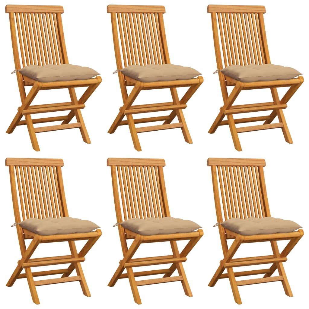 vidaXL Gartenstühle mit Beige Kissen 6 Stk. Massivholz Teak