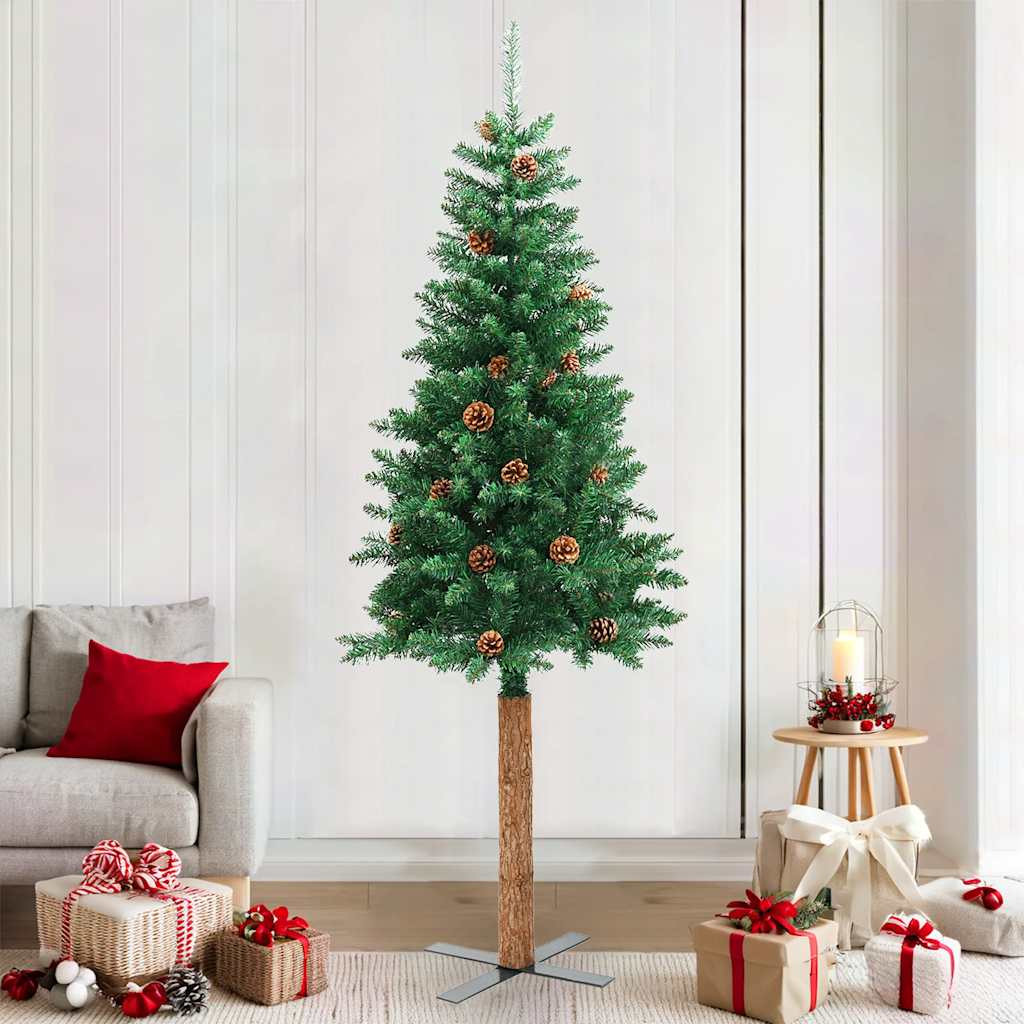 vidaXL Weihnachtsbaum Schlank mit Echtholz und Zapfen Grün 210 cm PVC