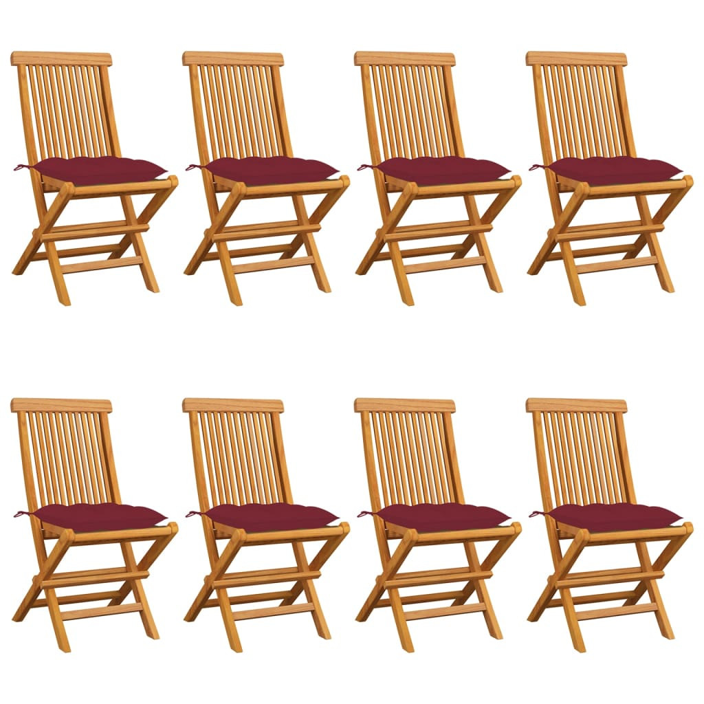 vidaXL Gartenstühle mit Weinroten Kissen 8 Stk. Massivholz Teak