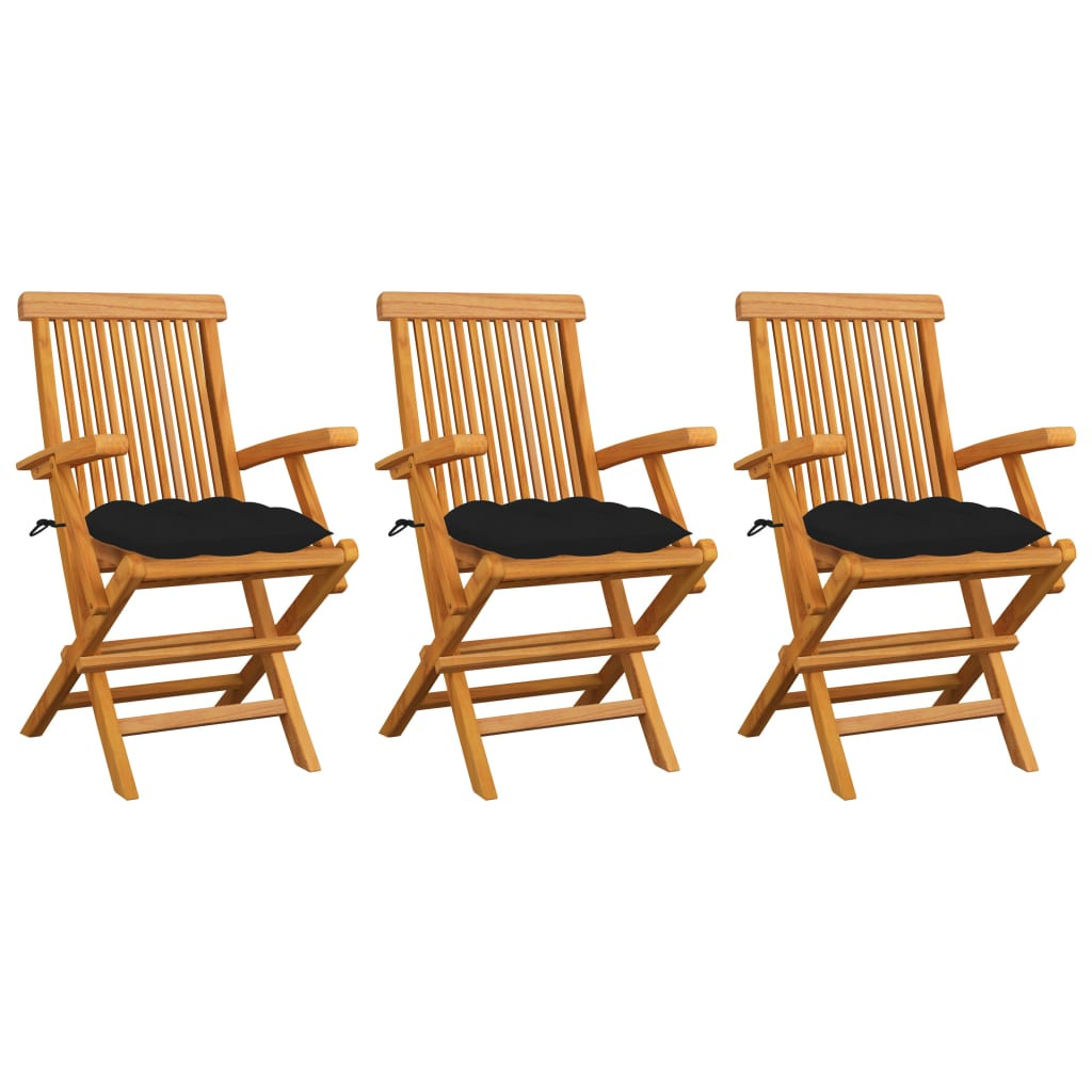 vidaXL Gartenstühle mit Schwarzen Kissen 3 Stk. Massivholz Teak