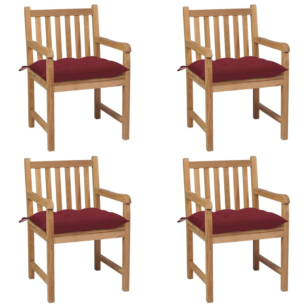 vidaXL Gartenstühle 4 Stk. mit Weinroten Kissen Massivholz Teak