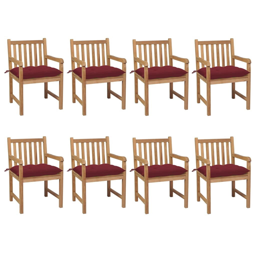 vidaXL Gartenstühle 8 Stk. mit Weinroten Kissen Massivholz Teak