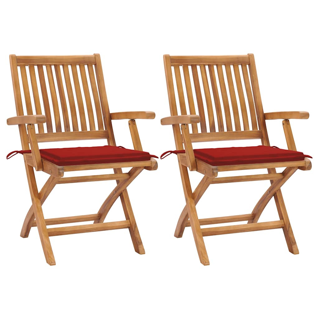 vidaXL Gartenstühle 2 Stk. mit Roten Kissen Teak Massivholz