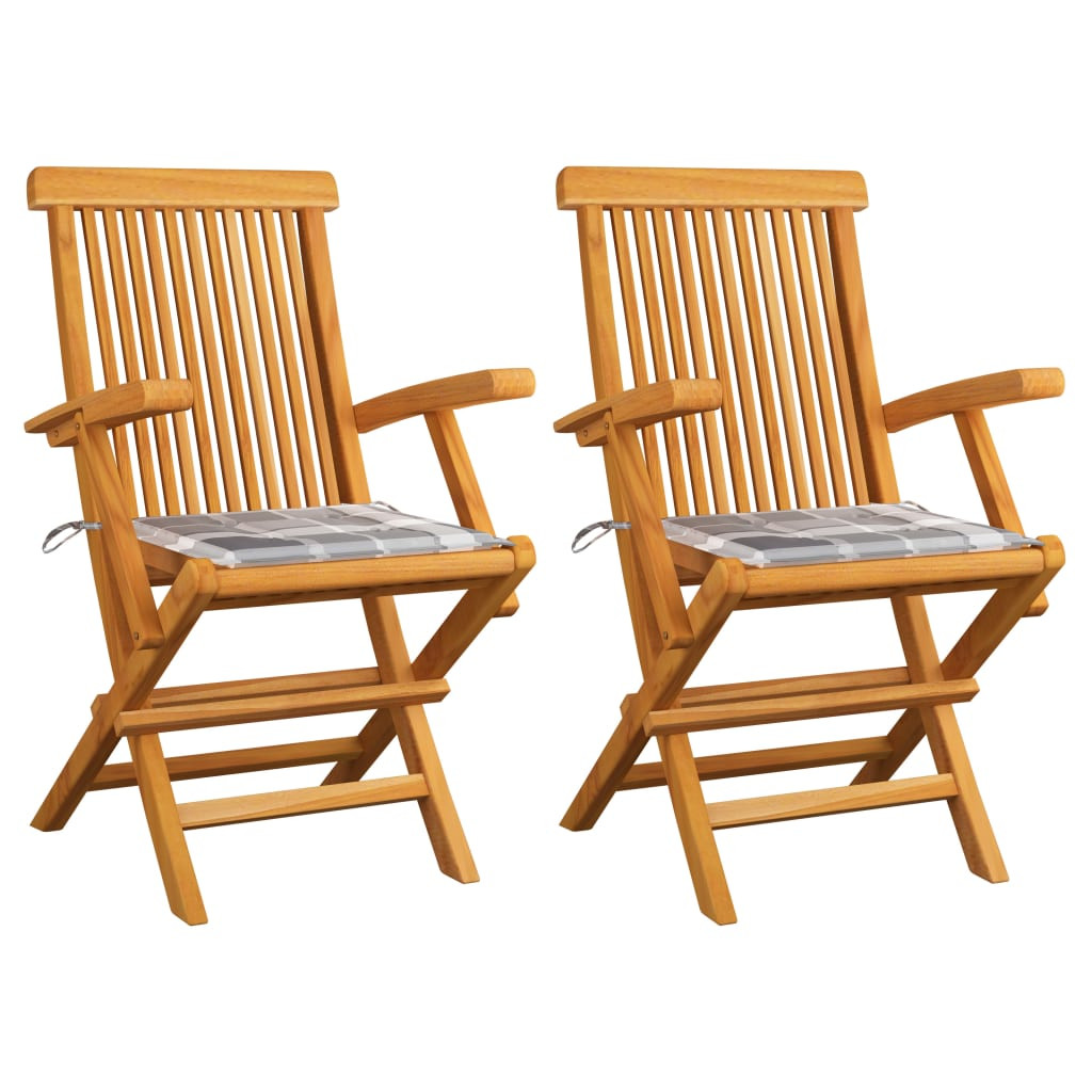 vidaXL Gartenstühle Graue Karomuster-Kissen 2 Stk. Massivholz Teak