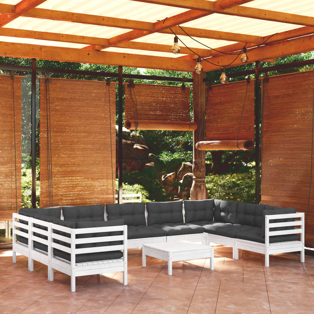 vidaXL 10-tlg. Garten-Lounge-Set mit Kissen Weiß Kiefernholz