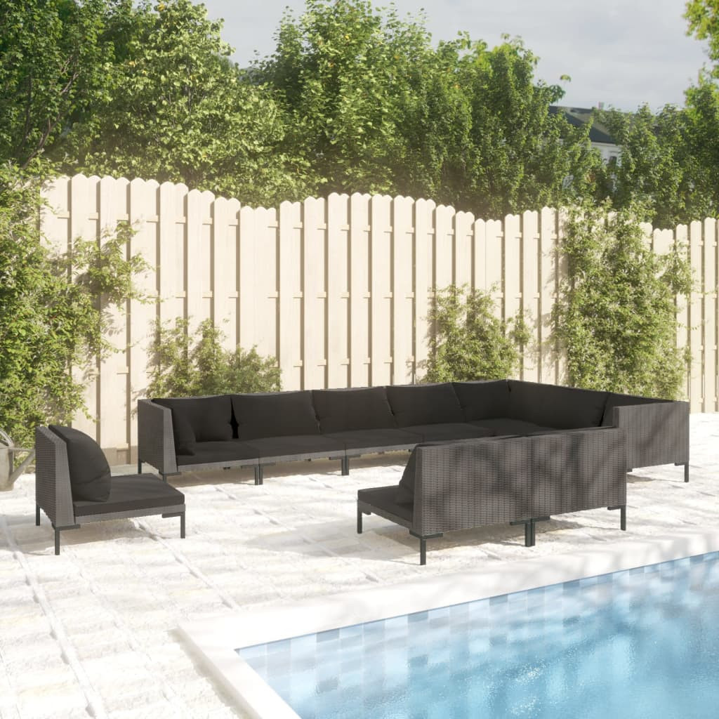 vidaXL 10-tlg. Garten-Lounge-Set mit Kissen Poly Rattan Dunkelgrau
