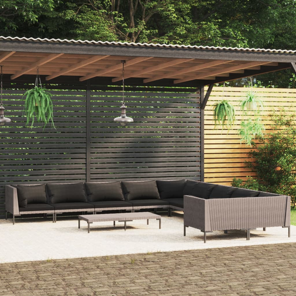 vidaXL 11-tlg. Garten-Lounge-Set mit Kissen Poly Rattan Dunkelgrau