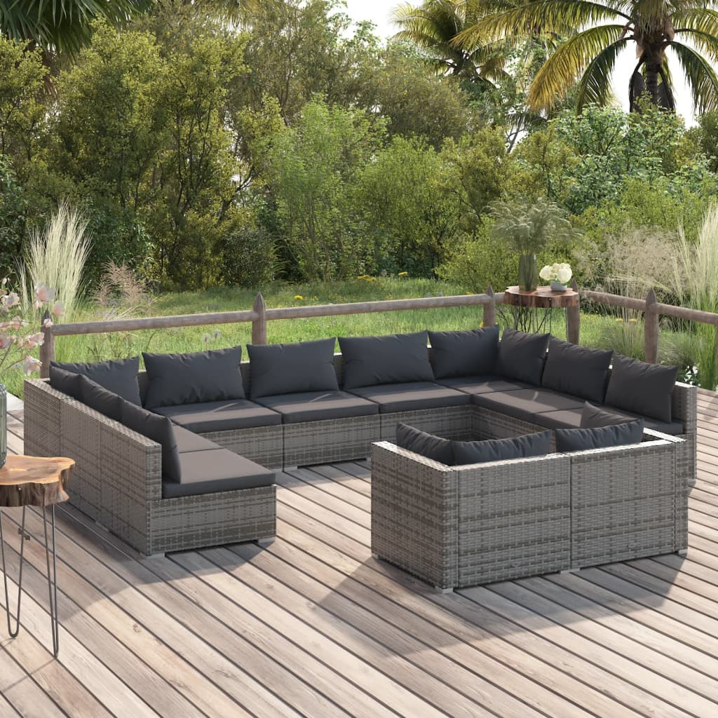 vidaXL 11-tlg. Garten-Lounge-Set mit Kissen Grau Poly Rattan