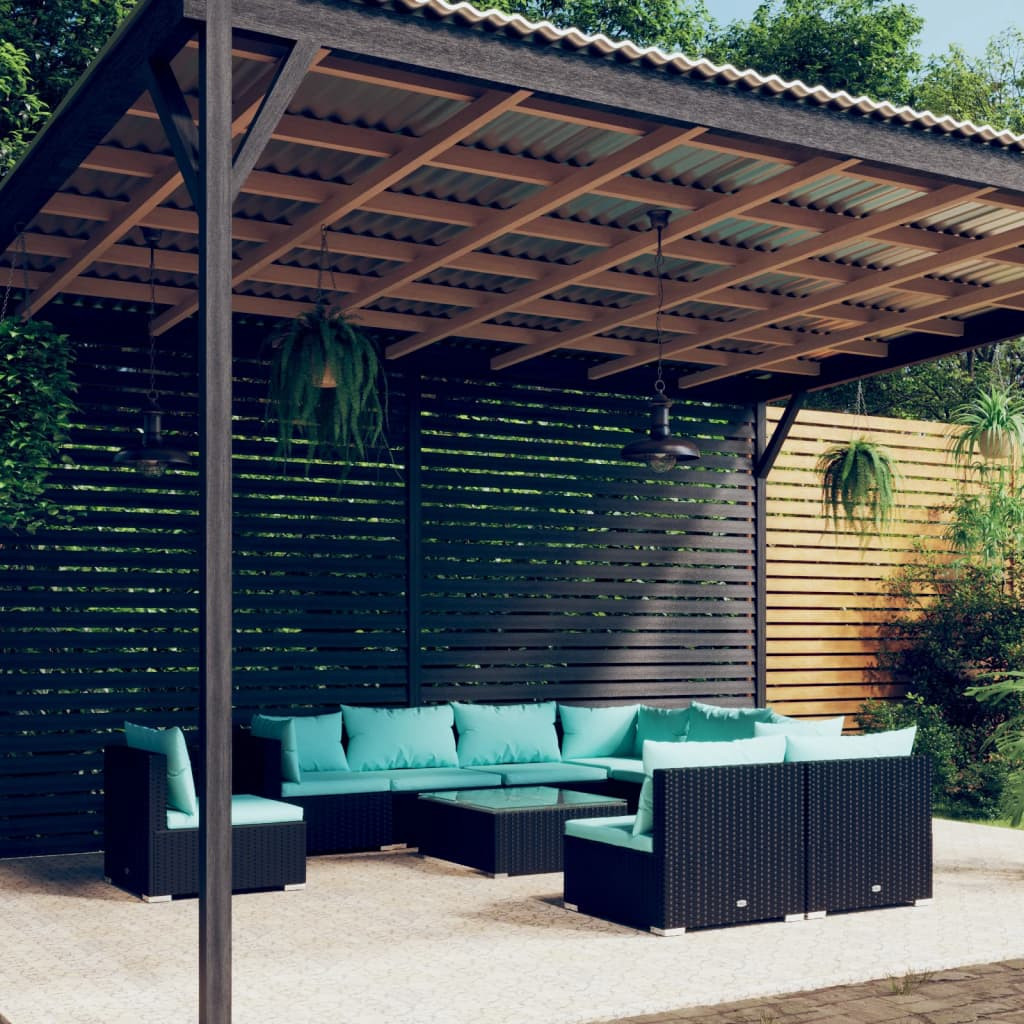 vidaXL 10-tlg. Garten-Lounge-Set mit Kissen Poly Rattan Schwarz