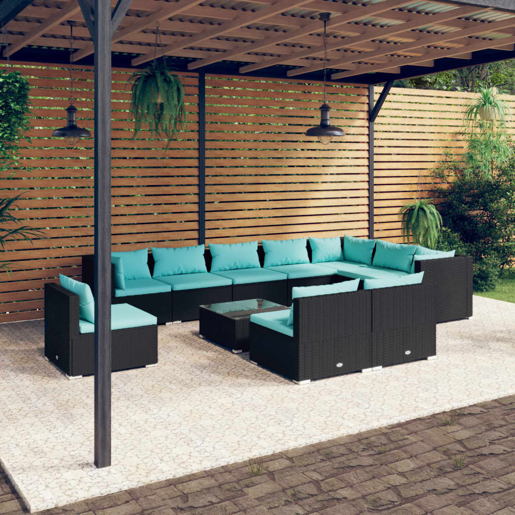 vidaXL 11-tlg. Garten-Lounge-Set mit Kissen Poly Rattan Schwarz
