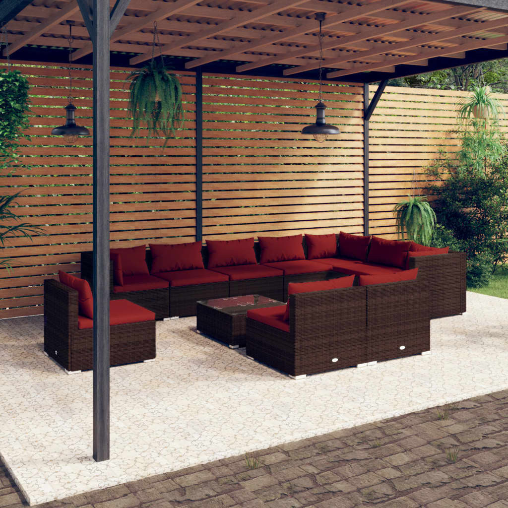 vidaXL 11-tlg. Garten-Lounge-Set mit Kissen Poly Rattan Braun