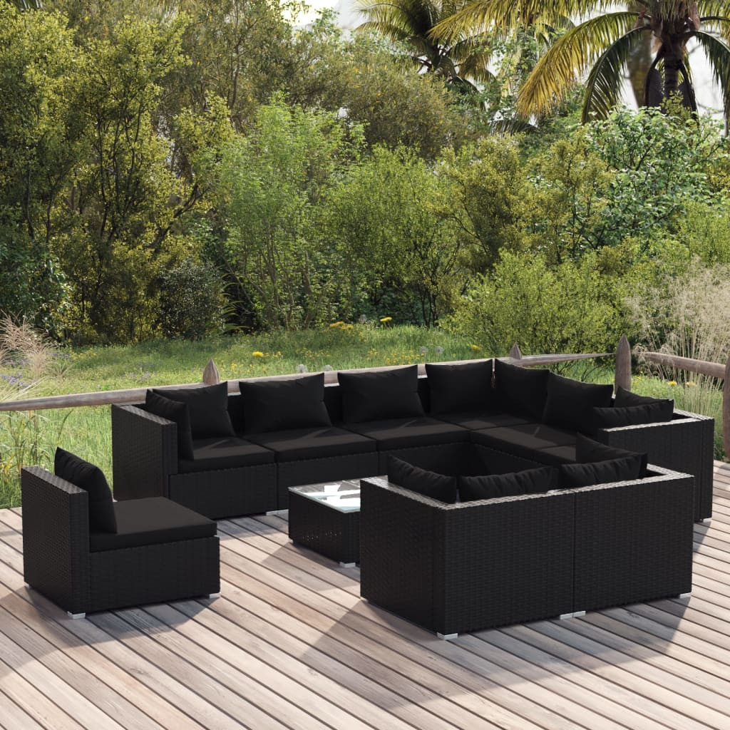 vidaXL 10-tlg. Garten-Lounge-Set mit Kissen Poly Rattan Schwarz
