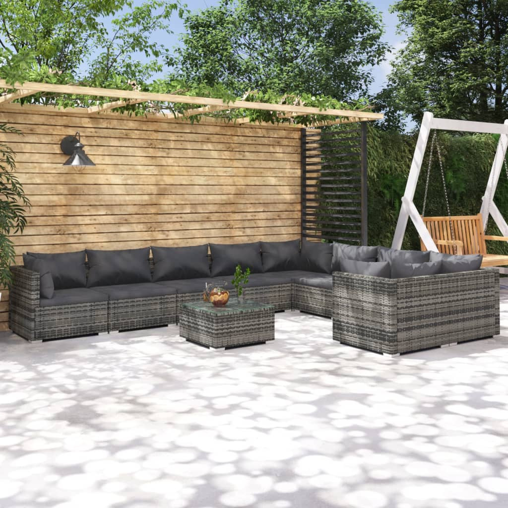 vidaXL 10-tlg. Garten-Lounge-Set mit Kissen Poly Rattan Grau