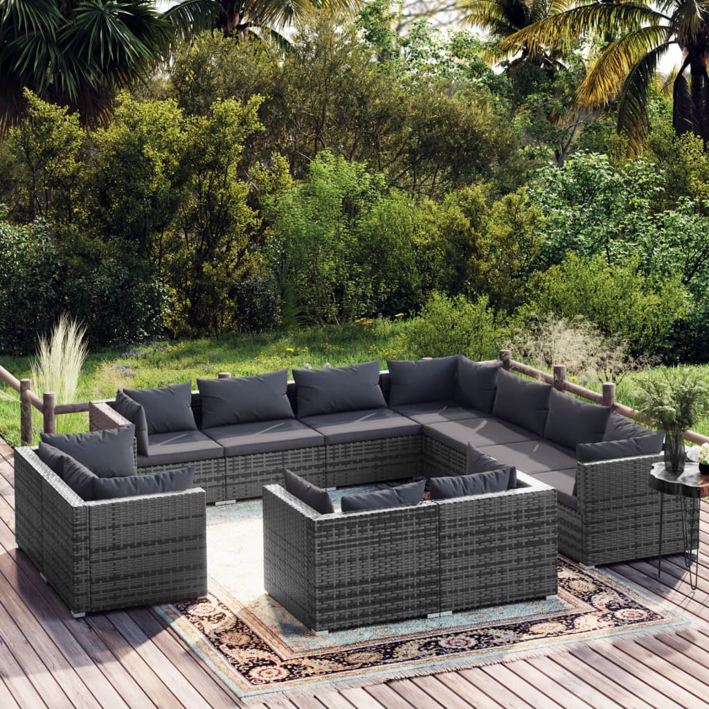 vidaXL 11-tlg. Garten-Lounge-Set mit Kissen Grau Poly Rattan