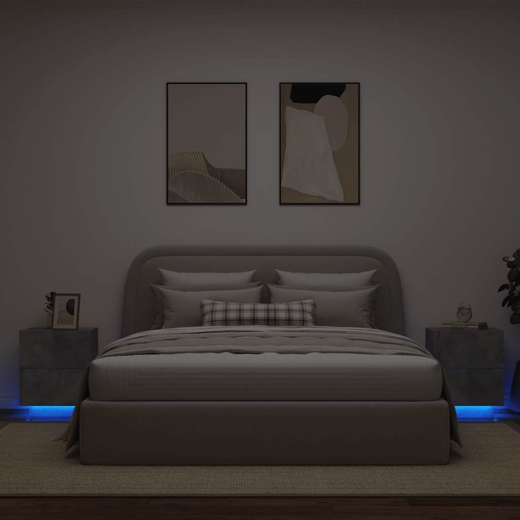 vidaXL Nachttische mit LED-Leuchten 2 Stk. Betongrau Holzwerkstoff