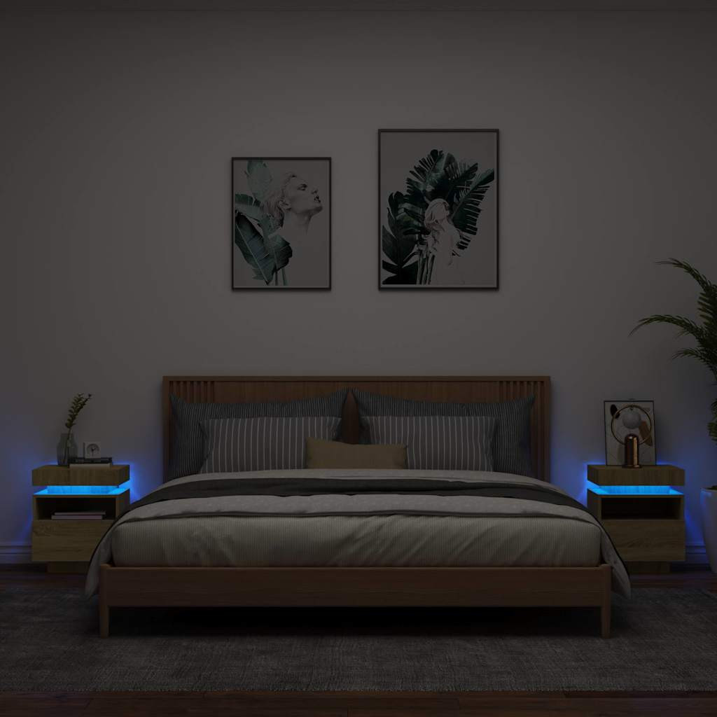 vidaXL Nachttische mit LED-Leuchten 2 Stk. Sonoma Eiche 40x39x48,5 cm