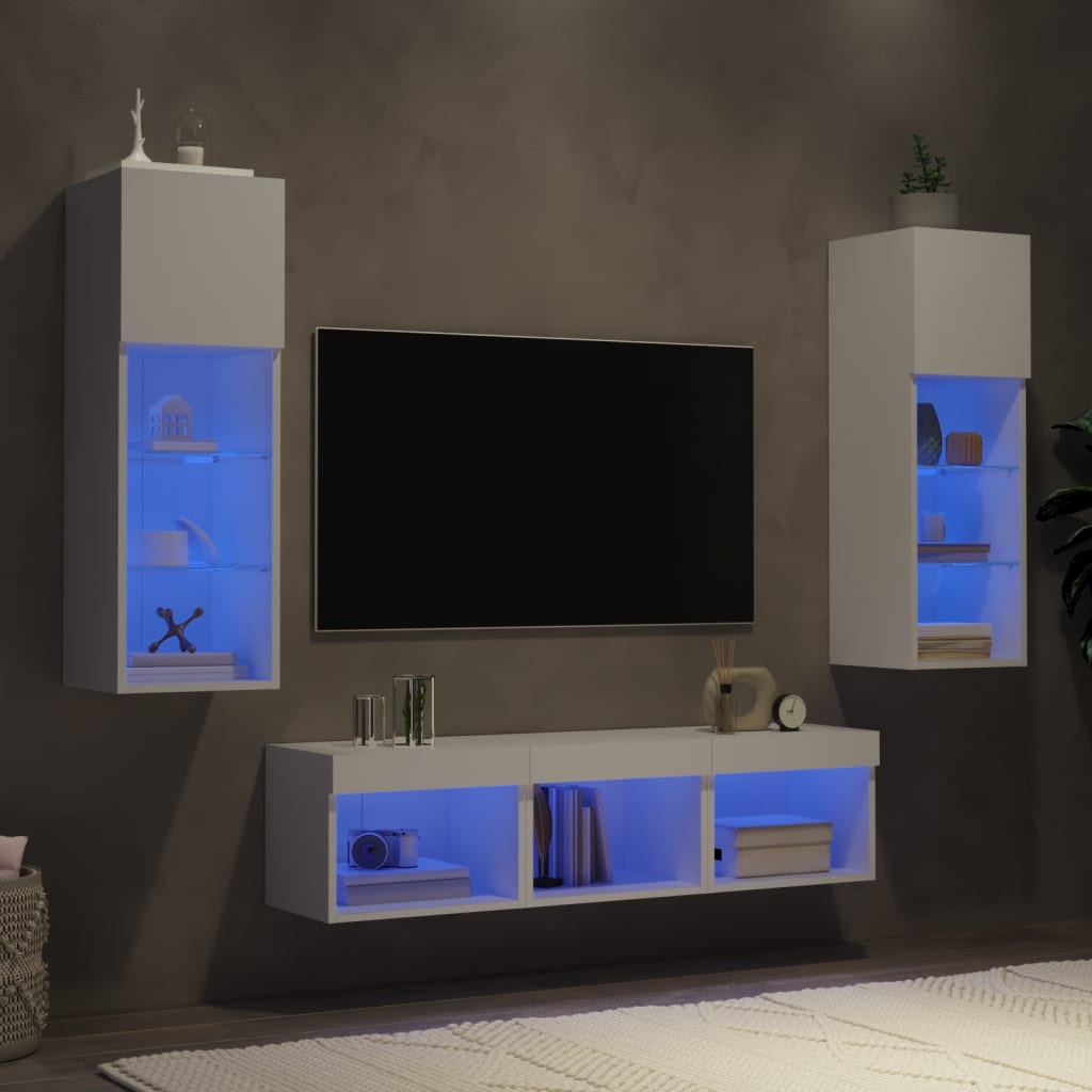 vidaXL 5-tlg. Wohnwand mit LED-Beleuchtung Weiß Holzwerkstoff