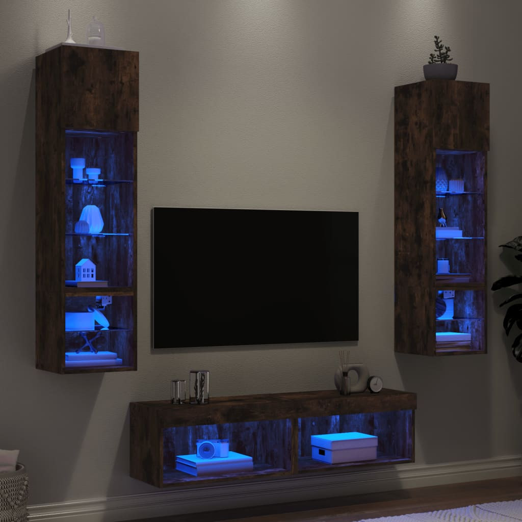 vidaXL 6-tlg. Wohnwand mit LED-Beleuchtung Räuchereiche Holzwerkstoff