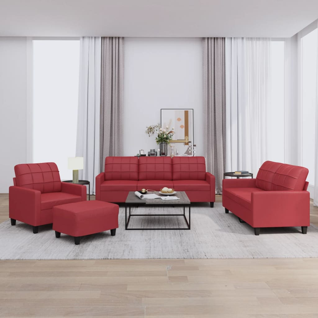 vidaXL 4-tlg. Sofagarnitur mit Kissen Weinrot Kunstleder