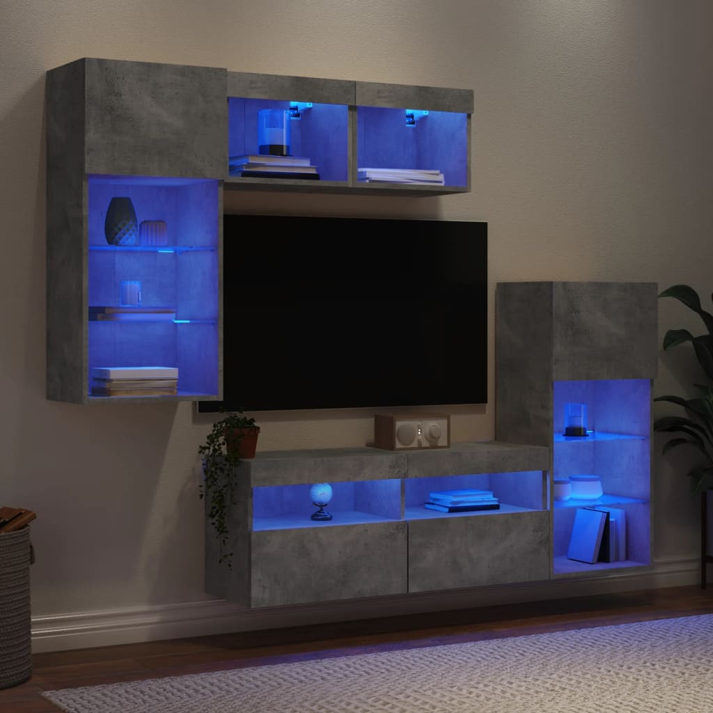 vidaXL 5-tlg. Wohnwand mit LED-Beleuchtung Betongrau Holzwerkstoff
