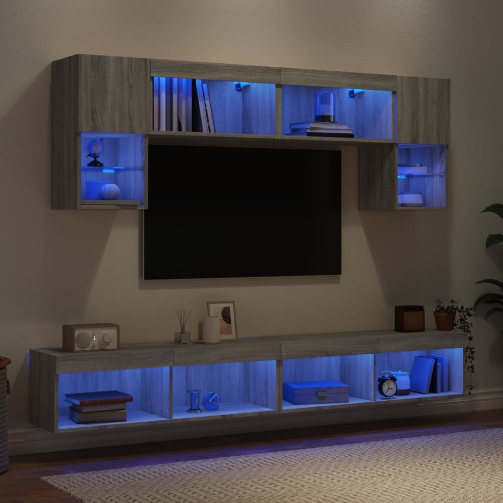 vidaXL 6-tlg. Wohnwand mit LED-Beleuchtung Grau Sonoma Holzwerkstoff