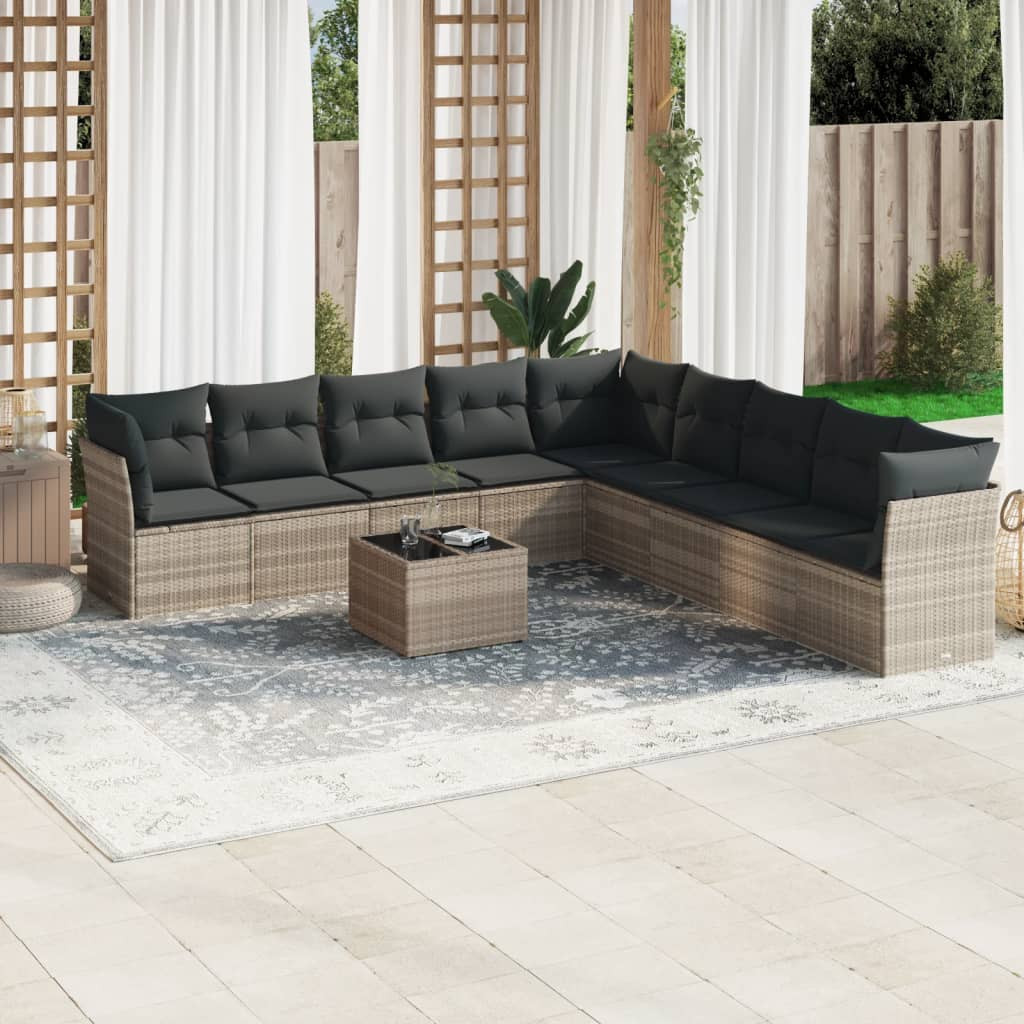 vidaXL 10-tlg. Garten-Sofagarnitur mit Kissen Hellgrau Poly Rattan