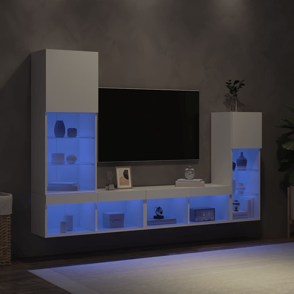 vidaXL 4-tlg. Wohnwand mit LED-Beleuchtung Weiß Holzwerkstoff
