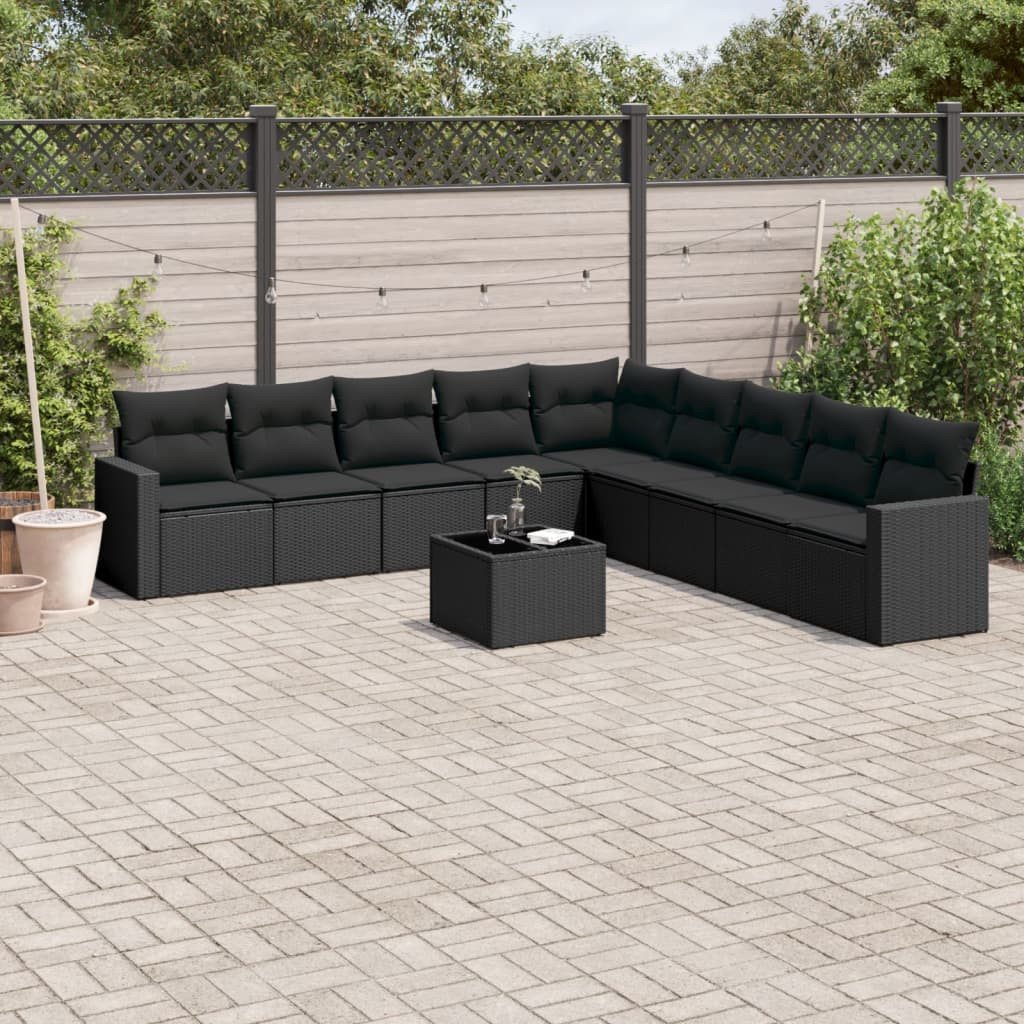 vidaXL 10-tlg. Garten-Sofagarnitur mit Kissen Schwarz Poly Rattan