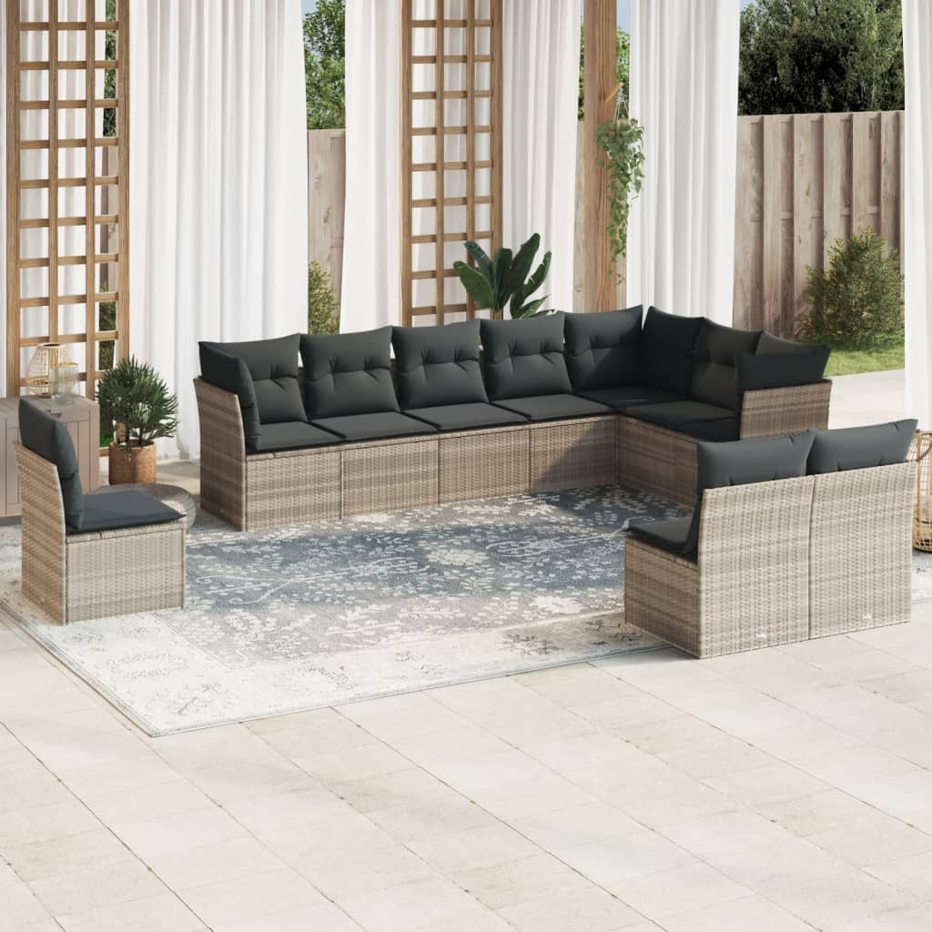 vidaXL 10-tlg. Garten-Sofagarnitur mit Kissen Hellgrau Poly Rattan
